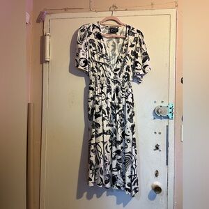 Black and White Puff Sleeve Wrap Midi Dress